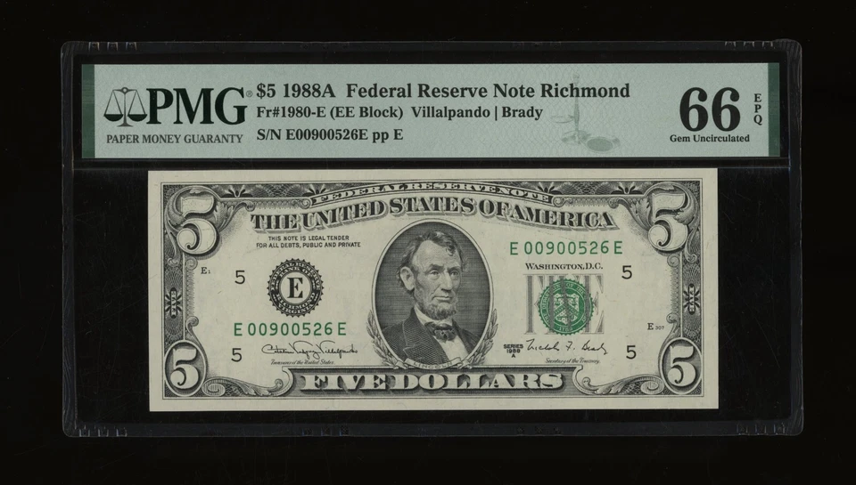 DBR 1988-A $5 Richmond Gem Fr. 1980-E PMG 66 EPQ Serial E00900526E - Image 1 of 2