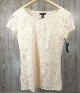 Alfani Women's Knit Lace Short Sleeves Top Shirt Tunic Peach Cream Small - Picture 1 of 12