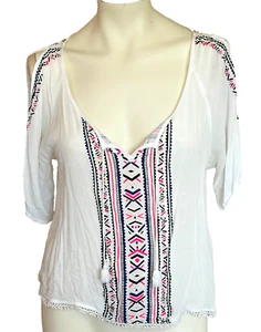 Aeropostale Camicetta Donna Bianca Boho Design Geometrico Dettagli Taglia L - Foto 1 di 9