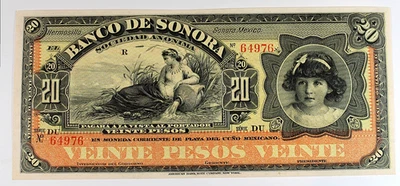 Mexico, 1891 - 1911 El Banco de Sonora 20 Pesos Remainder, S#421 - CU !! - Image 1 of 2