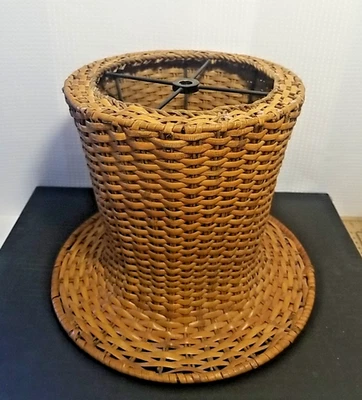 Vtg MCM Rare Top Hat Rattan Wicker & Metal Lampshade Bohemian Rustic 7.5" Tall - Image 1 of 4