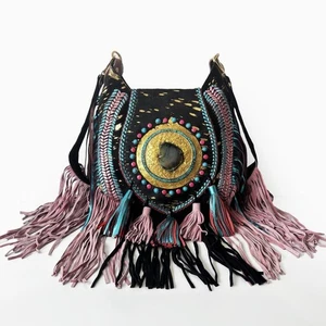 Boho Leather Cowhide Shoulder Bag with Agate Stone and Frindge – Crossbody Purse - Picture 1 of 9