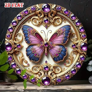 Jeweled Purple Butterfly Round Art Aluminium Sign Decoration Home Decor Gift - Picture 1 of 3