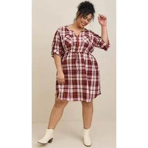 Torrid Size 2X Red Plaid Mini Seersucker Zip Front Shirt Dress Fall Casual NWT - Picture 1 of 12