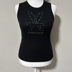 VTG Y2K Women's Bebe Ribbed Tank Top Pisces Zodiac Rhinestone Knit USA Large - Picture 1 of 8