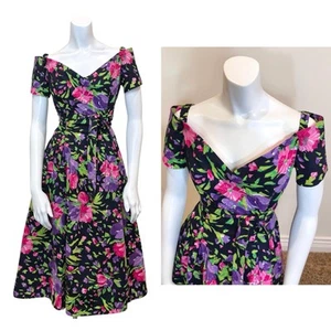 Vintage 80’s Jessica McClintock FLORAL PARTY DRESS Y2K Cottagecore Off Shoulder - Picture 1 of 10