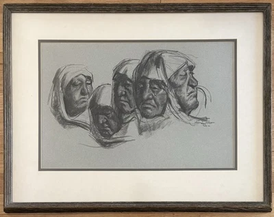 New Mexico Taos Six Artist Original Signed Charcoal Drawing LISTED Indian Elders - image 1 of 4