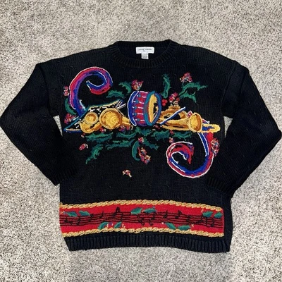 Suéter Vintage Navidad Informal Esquina Mediano Negro Bordado Cable Tejido Foto 1 de 4