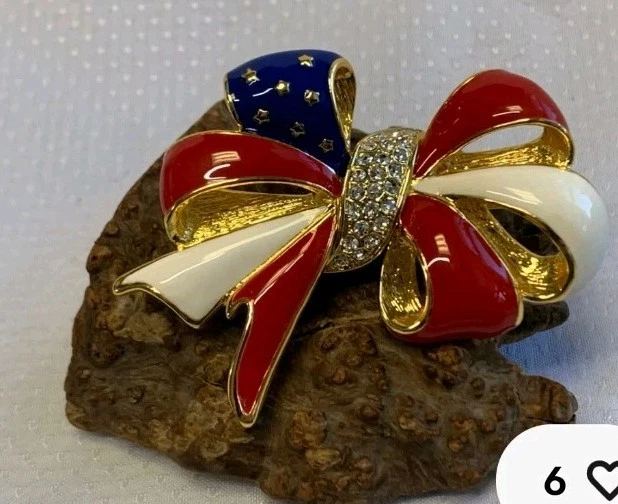 Joan Rivers Patriotic Bow Pin High Fashion Jewelry Flag Red White Blue Brooch - Image 1 of 1