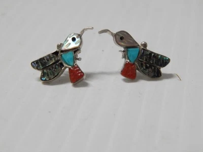 FABULOUS VINTAGE ZUNI INDIAN HUMMINGBIRD TURQUOISE, ETC STERLING SILVER EARRINGS - Image 1 of 4