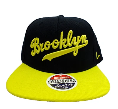 BROOKLYN NEW YORK SCRIPT SNAPBACK HAT CAP BLACK NEON YELLOW OSFA ADULT NEW NWT - Image 1 of 4