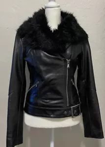 NWT- Sz XS - EXPRESS Leather MOTORCYCLE Jacket w/ Faux Fur & Detailing - Picture 1 of 10
