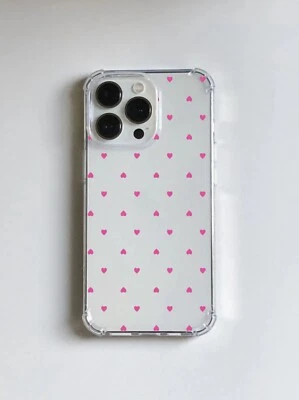 Clear Pink Hearts Case For Iphone 17 16 15 14 13 12 11 Pro Max XR X 8 Samsung S2 - Image 1 of 4
