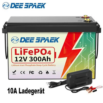 DEESPAEK Batería de litio 12V 300Ah LiFePO4 3,8kW batería 200A BMS Solar RV + 10A cargador