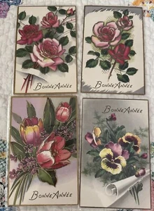 Bonne Annee Happy New Year’s Lot Of 4 Postcards Glitter Roses Beautiful! - Picture 1 of 4