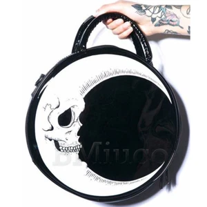 Womens Punk Satchel Vegan Gothic Crescent Moon Skull Black Round Handbag - Picture 1 of 7