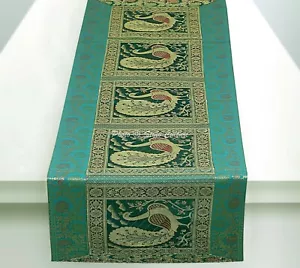 Indian Dining Table Runner Wedding Green Brocade Peacock Decorative Tablecloth - Picture 1 of 5