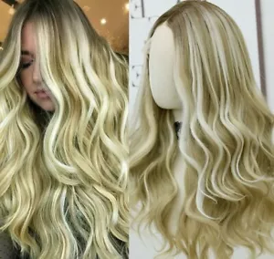 Brown Blonde Ombre Wig HD Front Lace Human Hair Blend Highlights Wavy Curly - Picture 1 of 6