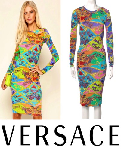 Versace Jeans Couture 2019 abito tubino rosa blu Medusa 36 38 40 0 2 4 XS S
