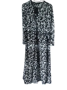 Lace Trim Puff Sleeve V-Neck Dress Mono Print 12 - Picture 1 of 1