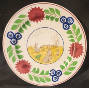Antique Rabbitware Plate 9 1/4" Staffordshire Spatterware Rabbits & Small Frog - Picture 1 of 12