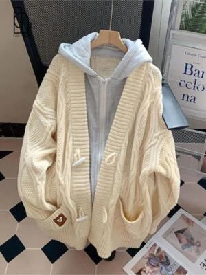 Hooded Stitching  Two-piece Sweater Women's Cardigan Mid-length Thickened Coat - Image 1 of 4