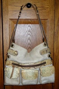 GHURKA Italy Beige Brown Canvas Python Accent Leather Trim Shoulder Purse GUC - Picture 1 of 9