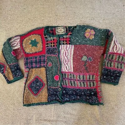 VTG Express Womens Patchwork Wool Sweater Sz M Embroidery Granny core Artsy - Image 1 of 4