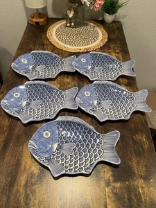Nautica MELAMINE Blue Fish Shaped  12" x 9" Large Dinner Plates (SET OF 5) NEW - Picture 1 of 5