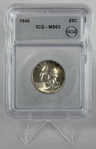 1940 Washington Silver Quarter ICG MS63 Brilliant Uncirculated Toned - Picture 1 of 3