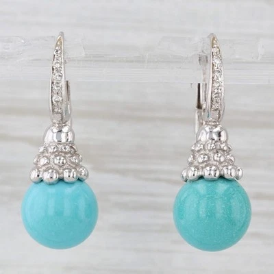 Pendientes colgantes de cuentas de turquesa de oro blanco de 18 k con respaldo de palanca detalles de diamantes Foto 1 de 4