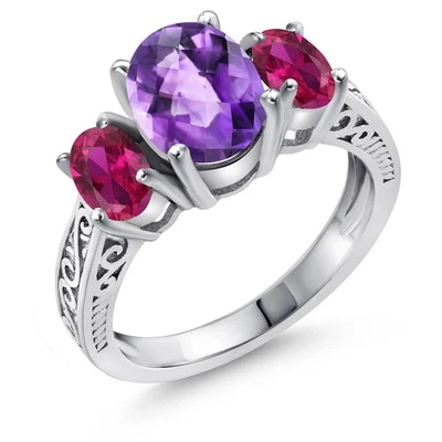 Anillo de 3 piedras de plata de ley 925 con amatista y rubí creado de 2,60 quilates para Foto 1 de 4