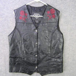 Diamond Plate Leather Vest Womens 2XL Black Buffalo Snap Embroidered Roses Biker - Picture 1 of 9