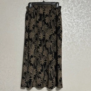 BonWorth Black A-line Maxi Skirt Tan Floral Print Elastic Waist Flowy Cottage S - Picture 1 of 6