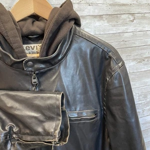 VTG Levis Mens XL Jacket Faux Leather Brown Sherpa Lined Hoodie Biker Zip Cuff - Picture 1 of 19