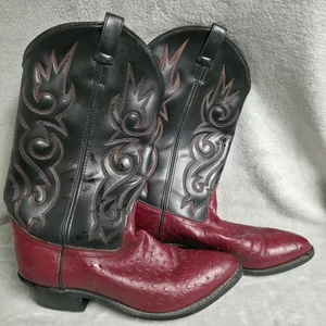 Men’s 11 Western Cowboy Boots Ostrich Red Leather Black Flame Stitch Rodeo - Picture 1 of 11