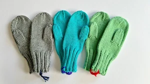 Handmade Hand Knitted Mittens for Kids Age 7-8 - Gray, Blue, Green - 3 Pairs - Picture 1 of 3