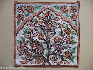 Tree Of Life Silk Crewel Embroidery Pillow Cover Kashmir India - Picture 1 of 1