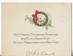 Vtg CHRISTMAS CARD-apx 4.5x3.5 ART DECO Green Wreath w/Red Bow & Mistletoe - Picture 1 of 2