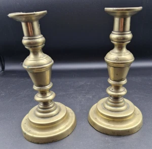 Georgian Brass Candle sticks round base Antique Pair Set theatre prop - Picture 1 of 16