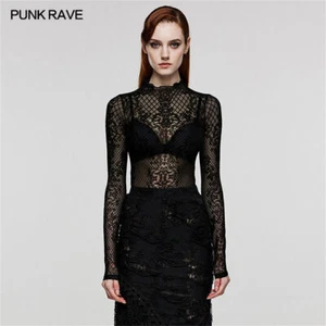 Punk Rave Women's Gothic Print Mesh T-Shirt Slim Fit Black Sexy Hollow Tops