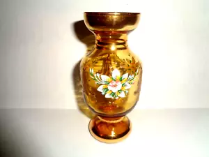 BOHEMIA Czechia CRYSTAL AMBER SMALL VASE FLORAL w/Applied Flowers 24 K Gold - Picture 1 of 9