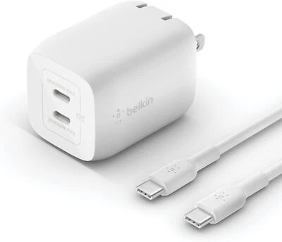 Belkin BoostCharge Pro GaN Dual Wall Charger 65W + USB-C To USB-C Cable White - Image 1 of 4