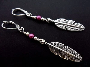 A PAIR TIBETAN SILVER LONG DANGLY FEATHER THEMED LEVERBACK HOOK EARRINGS. NEW. - Picture 1 of 1