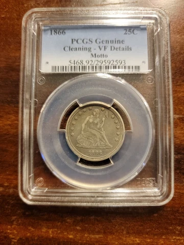 1866 Seated Liberty Quarter 25c Silver Coin - PCGS Genuine Cover