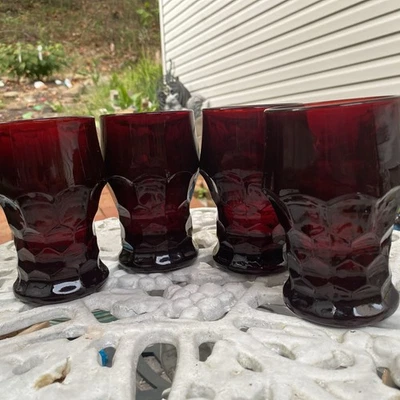 4 Vintage Anchor Hocking Ruby Red Glass Georgian Honeycomb 5”Tumblers - Image 1 of 4