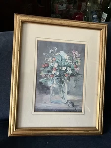 Vintage  Art Print  Wild Flowers In Jar Rustic gold Tone Frame  27cm X 33cm - Picture 1 of 4