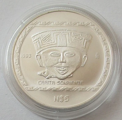 Mexico 5 Nuevos Pesos 1993 Pre-Columbian Era Carita Sonriente 1 Oz Silver - Image 1 of 2
