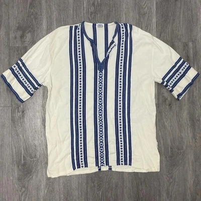 Винтажная мужская рубашка Mamouzakis средний размер белая греческая вышивка хлопок богемное хиппи - Изображение 1 из 4