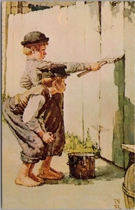 Vom Künstler signierte Norman Rockwell Postkarte TOM SAWYER Whitewashing the Fence c1960s - Bild 1 von 2